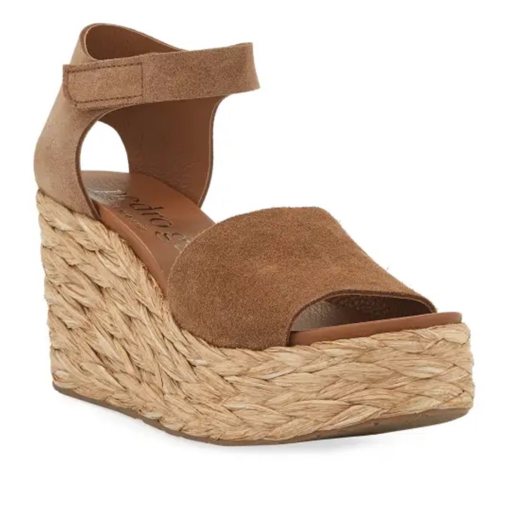 PEDRO GARCIA "Dory" Boho Nude Suede Raffia Braided Platform 3.75 Wedge Shoe 9.5